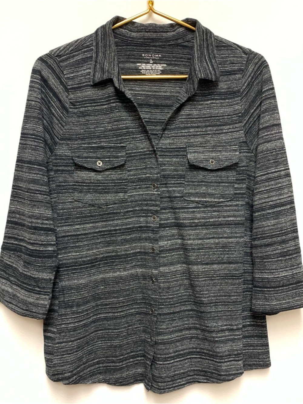 Sonoma Knit Utility Button Up Shirt Size Large Black Heather 3/4 Sleeve Stretch